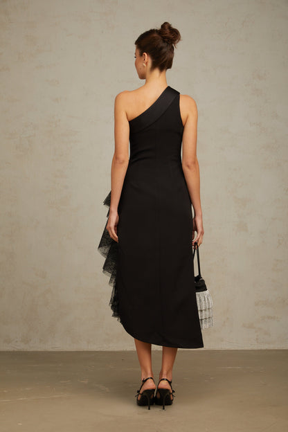 Bernadette Black Lace-Panel Asymmetrical Midi Dress
