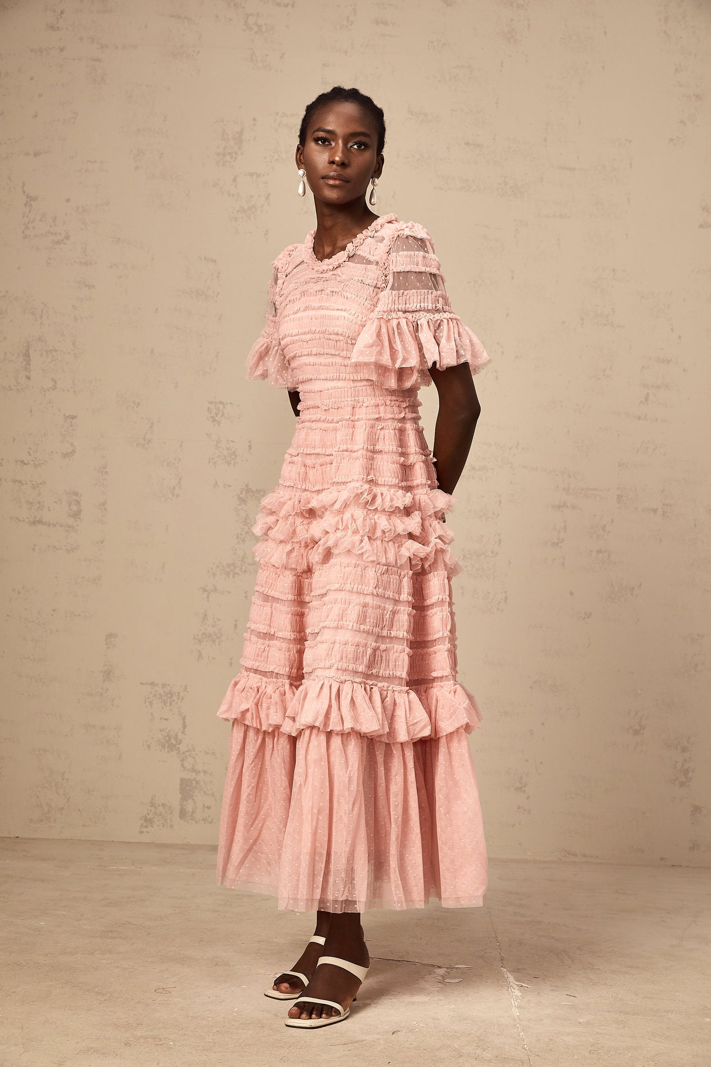 Aimée pink dot-detail ruffled tulle midi dress