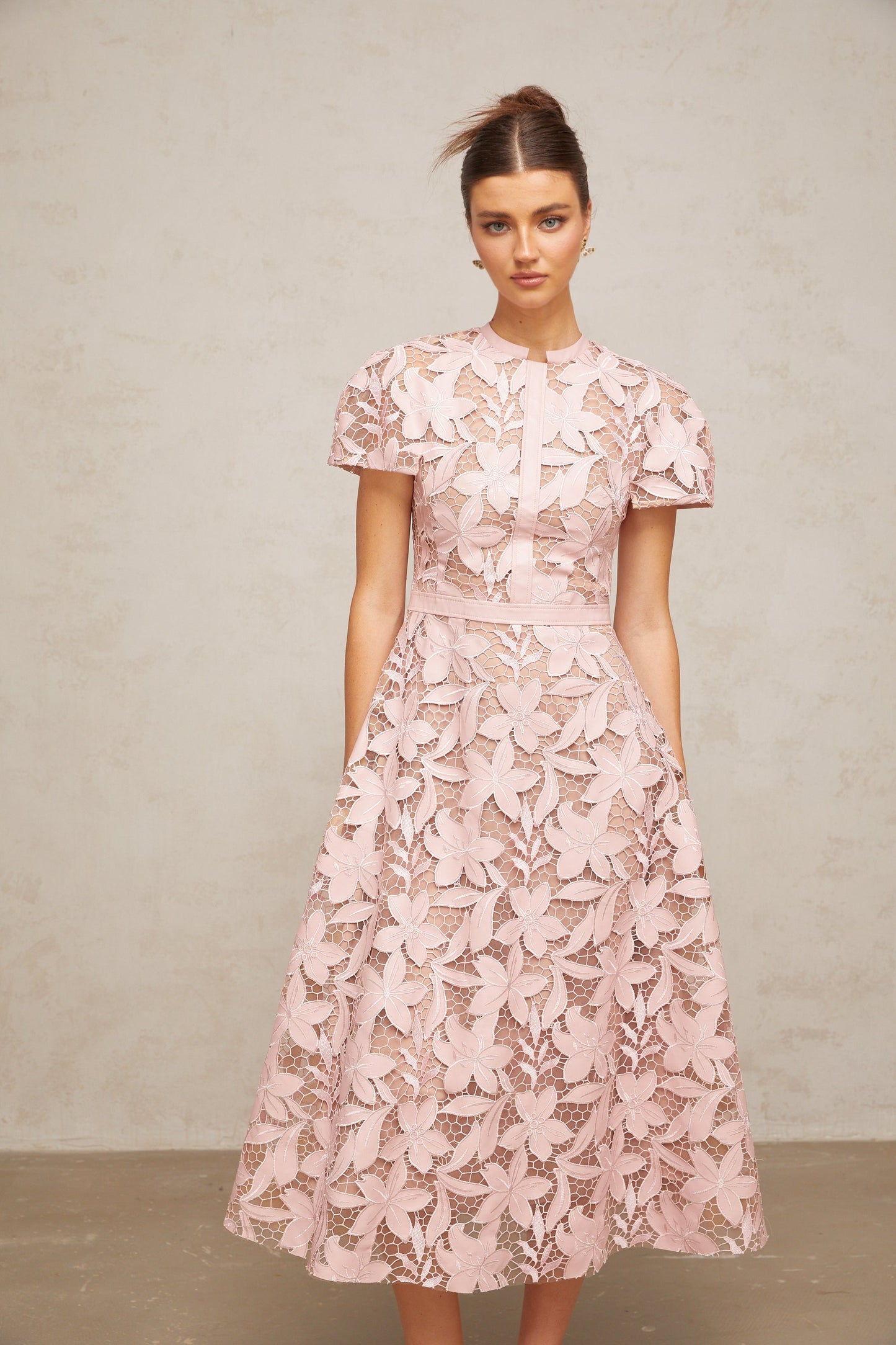 Vérane pink guipure-lace midi dress
