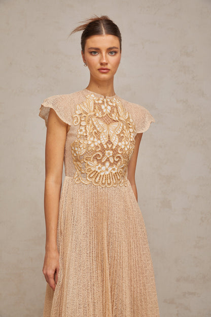Nerissa Embroidered Pleated Midi Dress
