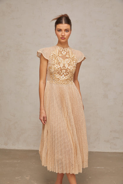 Nerissa Embroidered Pleated Midi Dress