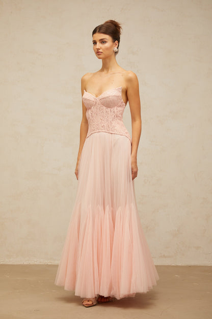Ulrique Pink Lace Corset Tulle Maxi Dress