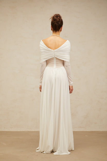Vérane Beyaz Drape Detaylı Dantelli Maxi Elbise