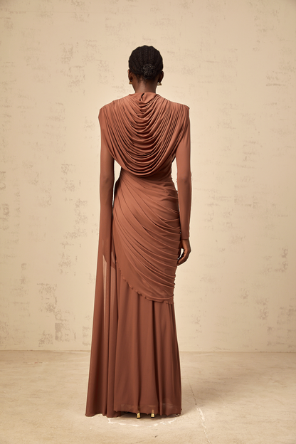Danaé Brown Shirred-effect Draped Maxi Dress