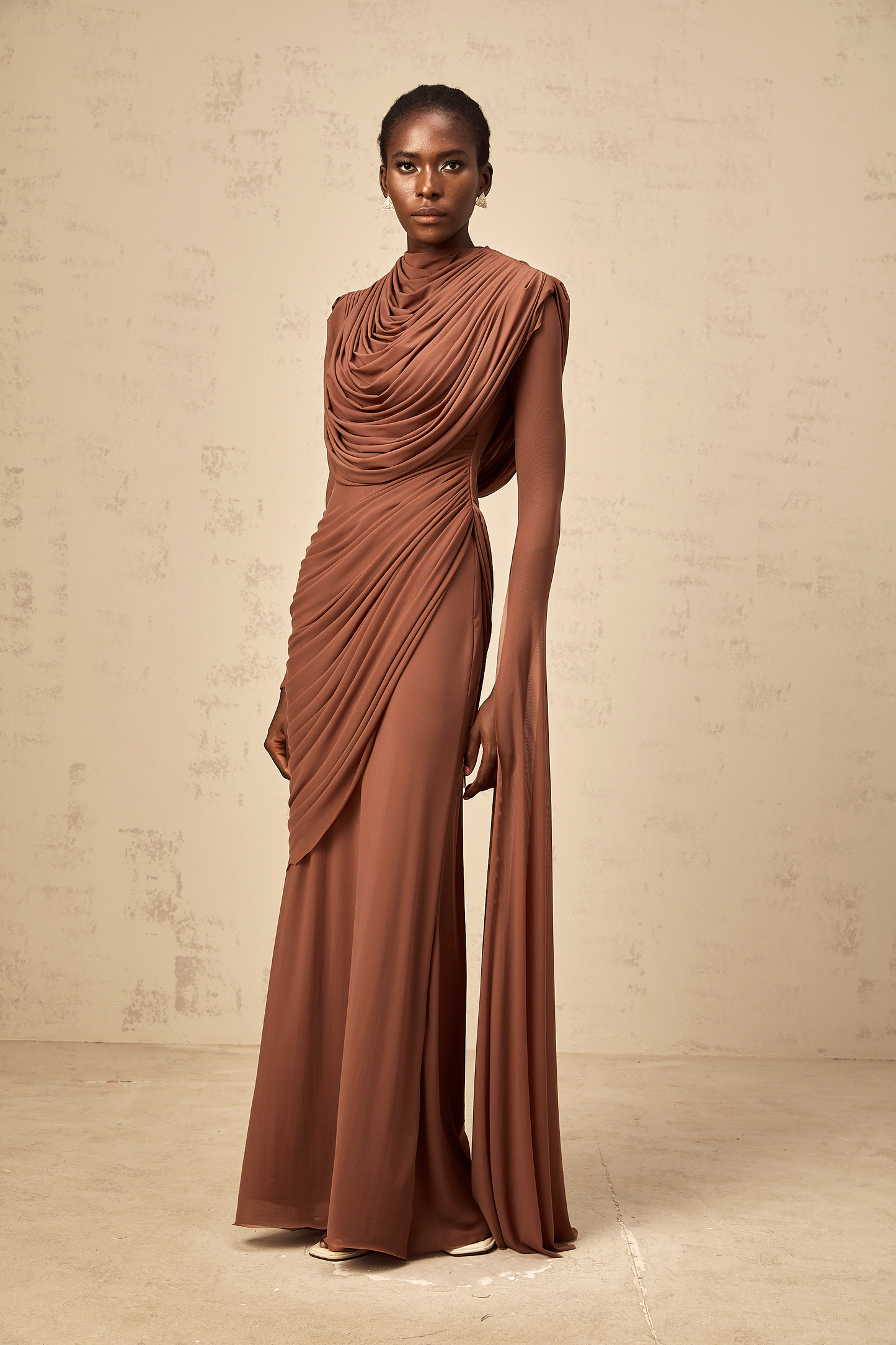Danaé Brown Shirred-effect Draped Maxi Dress