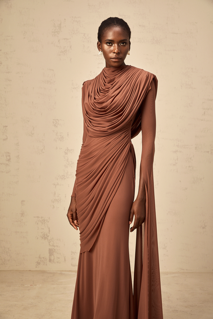 Danaé Brown Shirred-effect Draped Maxi Dress
