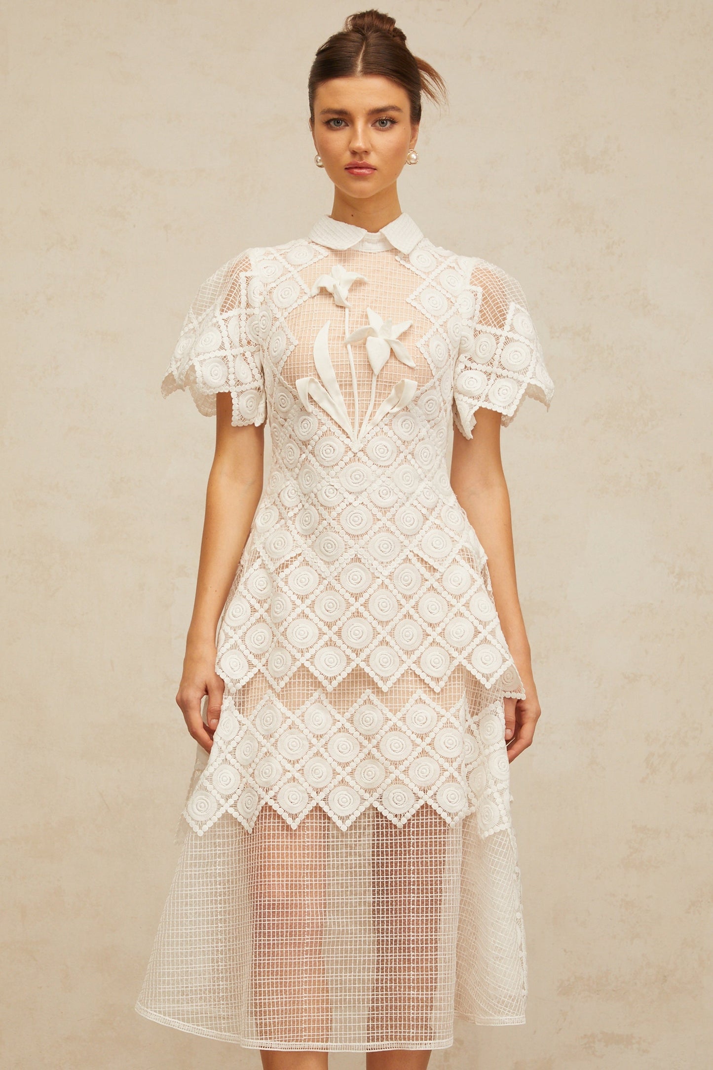 Yasmine White Floral-embroidered Midi Dress