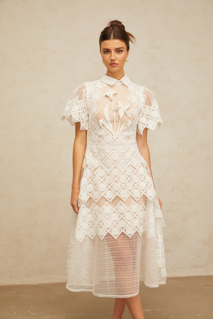 Yasmine White Floral-embroidered Midi Dress