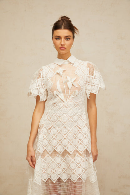 Yasmine White Floral-embroidered Midi Dress