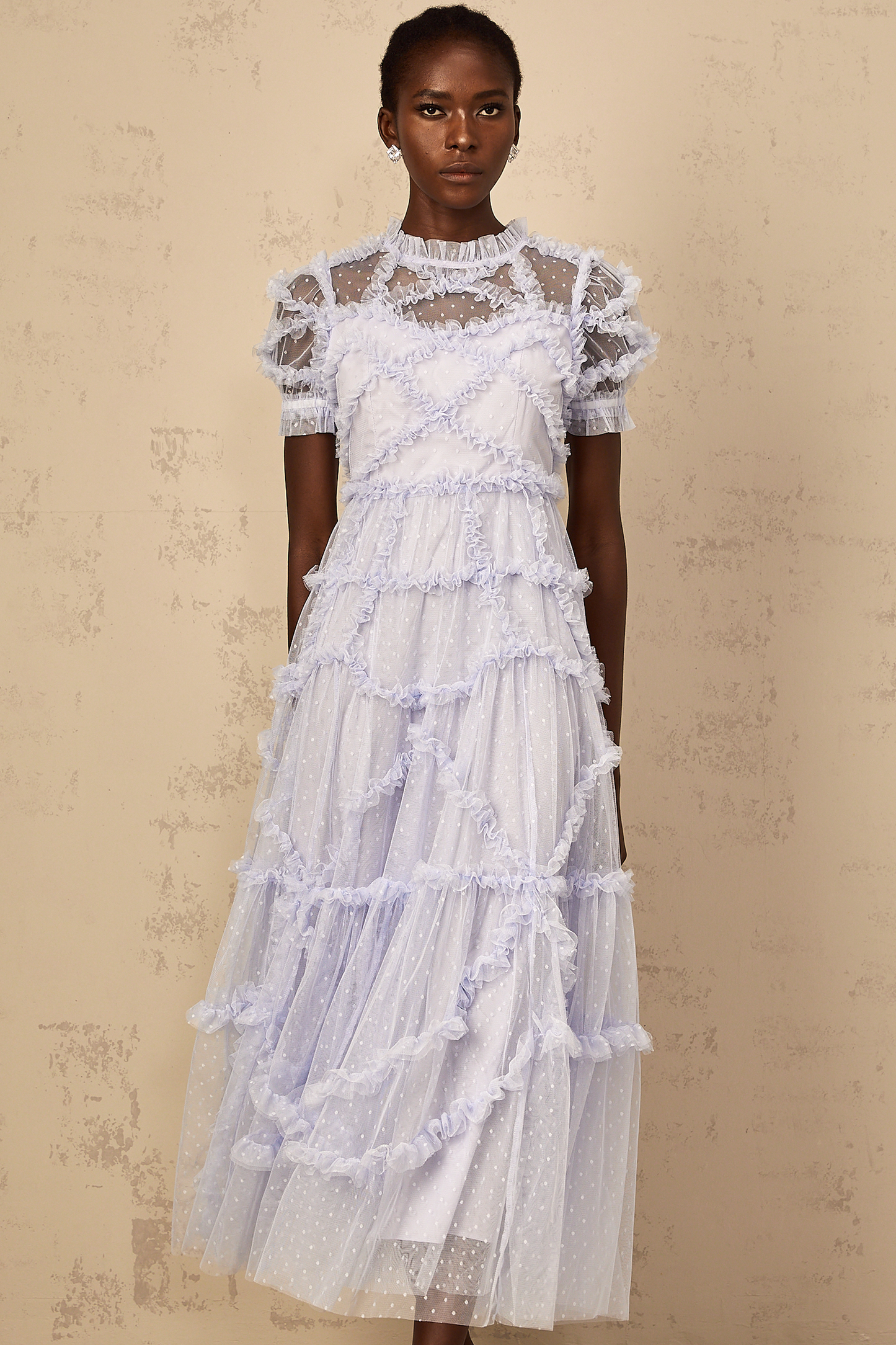 Annabelle Mavi Puantiyeli Fırfırlı Tül Maxi Elbise
