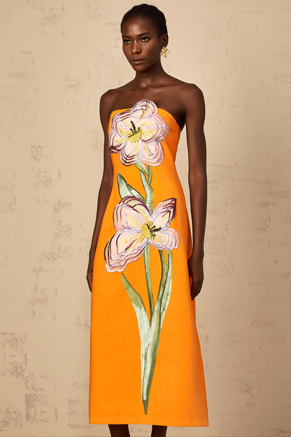 Irène Sequin Embroidered Off-Shoulder Midi Dress in Orange