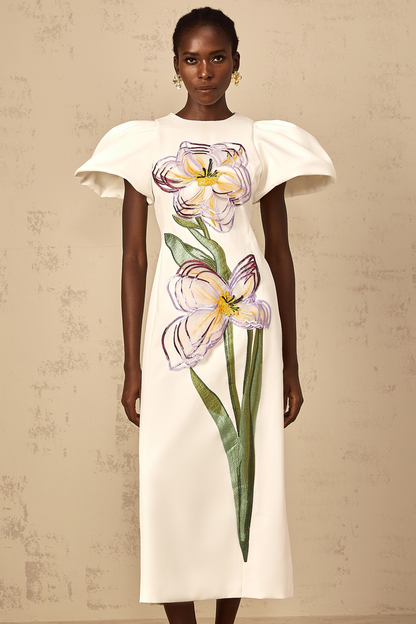 Irène White Sequin Floral Embroidered Midi Dress