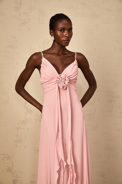 Ysandre Soft-Pembe 3D Petal Tül Uzun Elbise