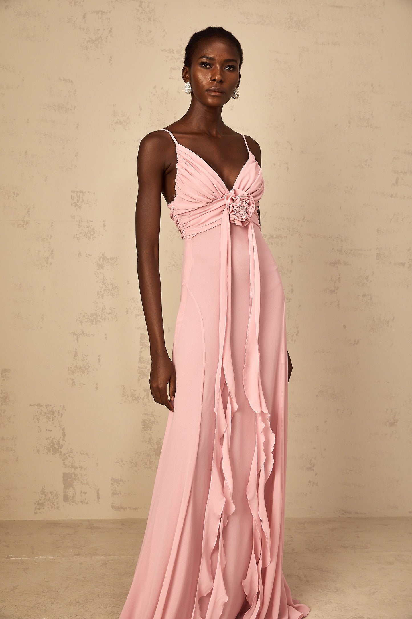 Ysandre Soft-Pembe 3D Petal Tül Uzun Elbise