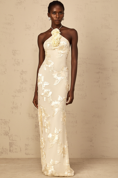 Melanie Neutrals Embroidered Halterneck Maxi Dress