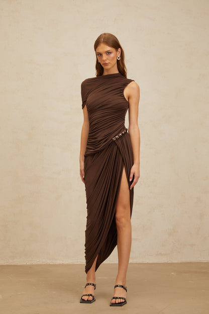Prune Brown Night Out Asimetrik Dantelli Midi Elbise