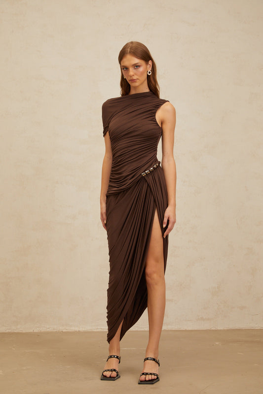 Prune Brown Night Out Asimetrik Dantelli Midi Elbise