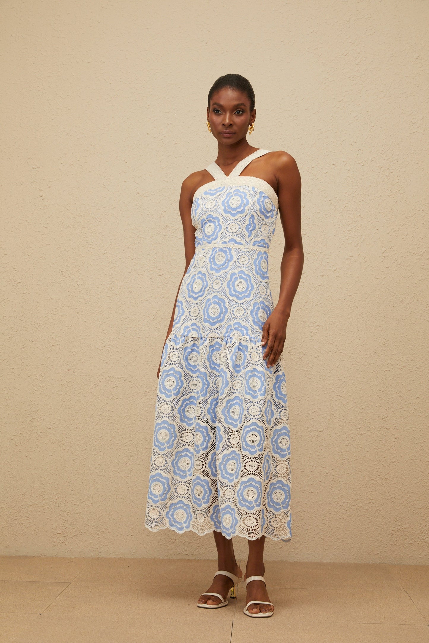 Frivole Mavi Tığ İşi Çiçekli Midi Elbise