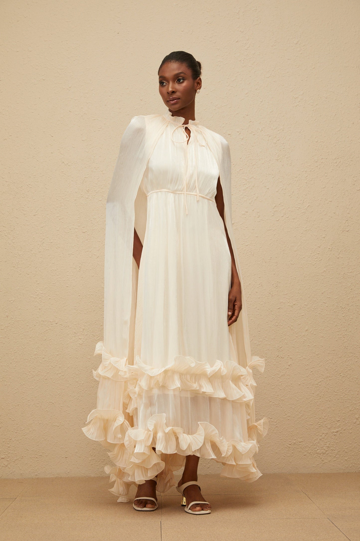 Intemporelle Neutral Cape Pleated Midi Dress