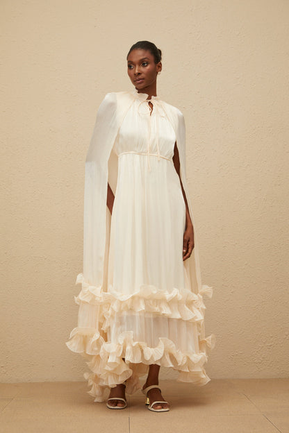 Intemporelle Neutral Cape Pleated Midi Dress