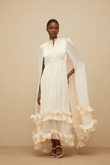Intemporelle Neutral Cape Pleated Midi Dress