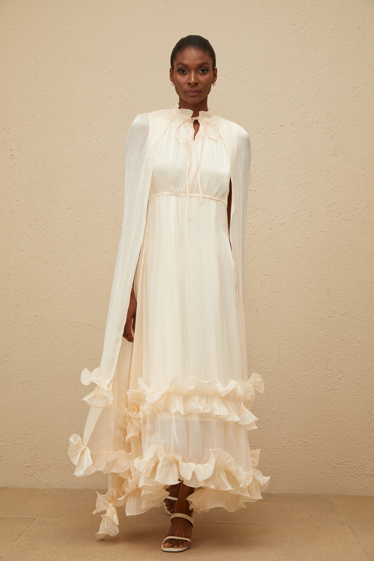 Intemporelle Neutral Cape Pleated Midi Dress