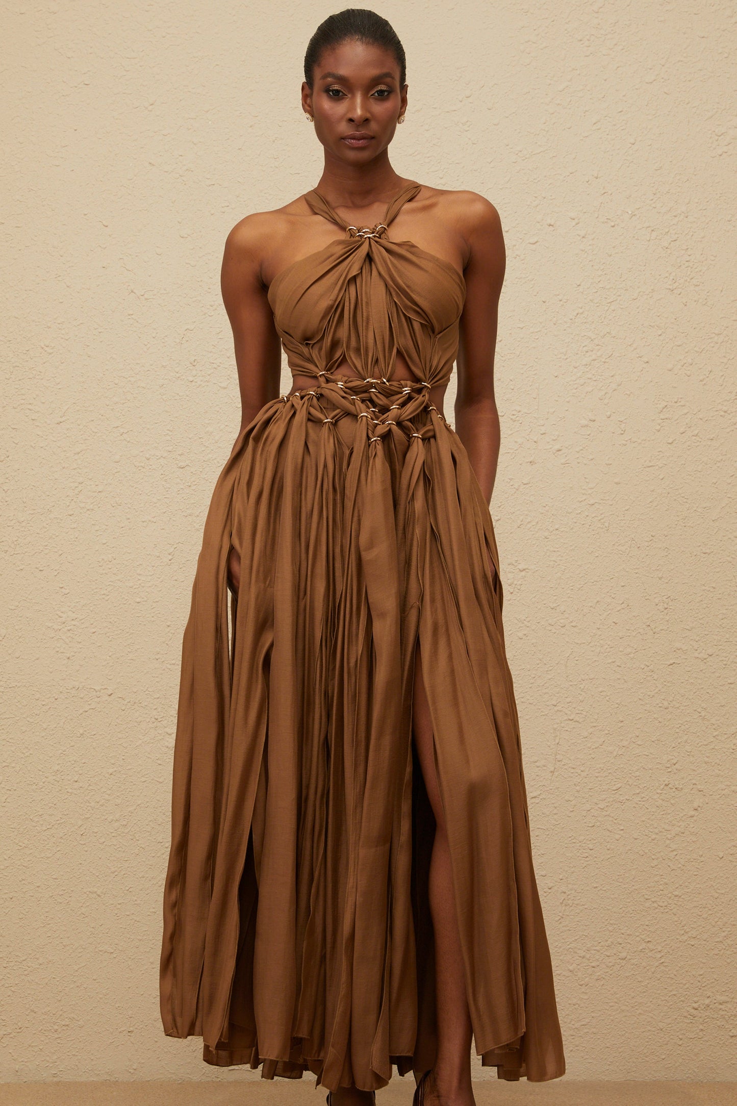 Déotille Brown Braided Cutout Shirred Midi Dress