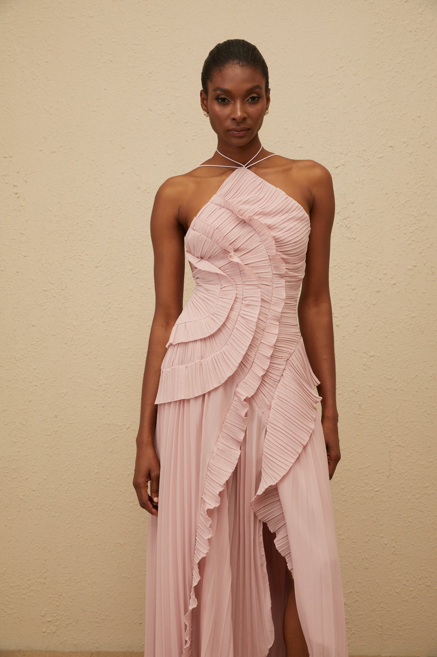 Doux Pink Ruffled Trim Pleated Midi Dress
