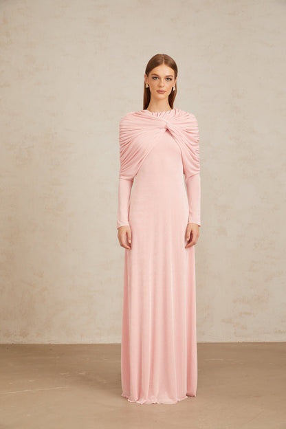 Moderne Pembe Şal Panelli Dantelli Maxi Elbise