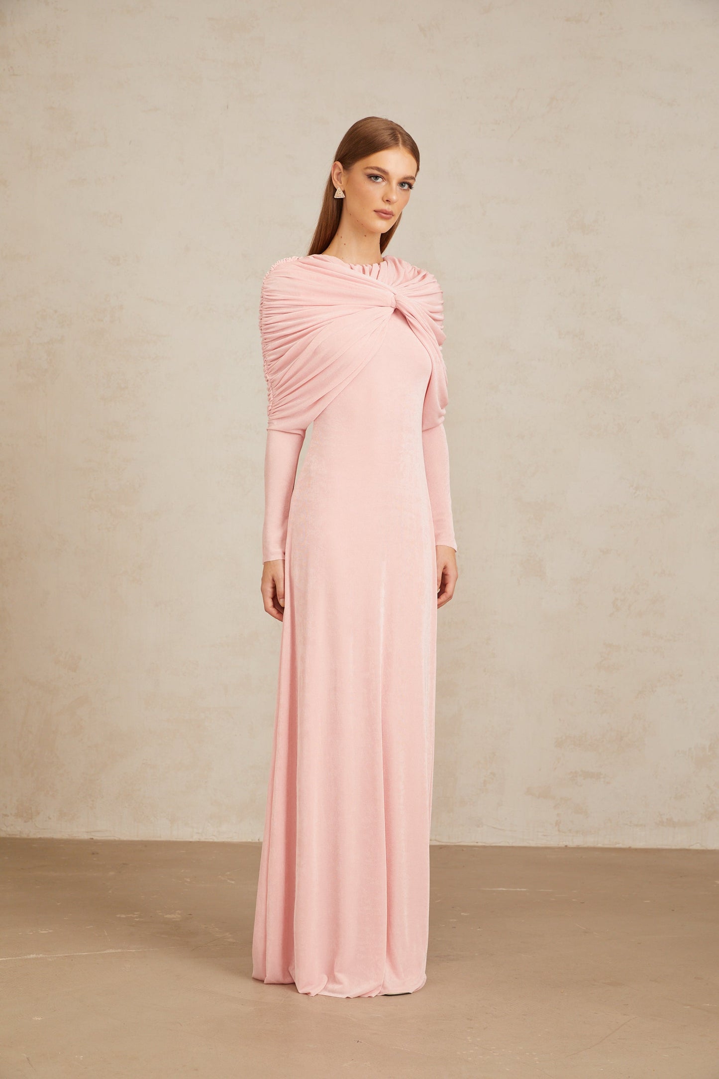 Moderne Pembe Şal Panelli Dantelli Maxi Elbise
