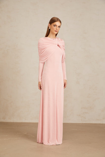 Moderne Pembe Şal Panelli Dantelli Maxi Elbise