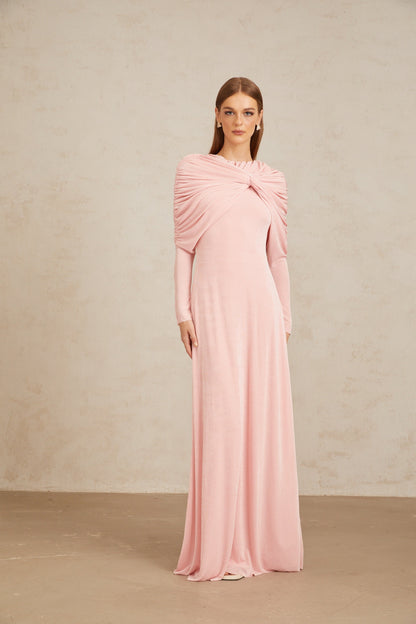 Moderne Pembe Şal Panelli Dantelli Maxi Elbise