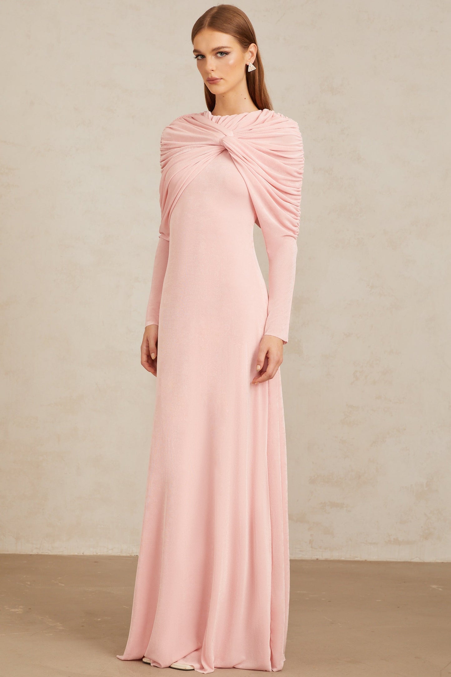 Moderne Pembe Şal Panelli Dantelli Maxi Elbise