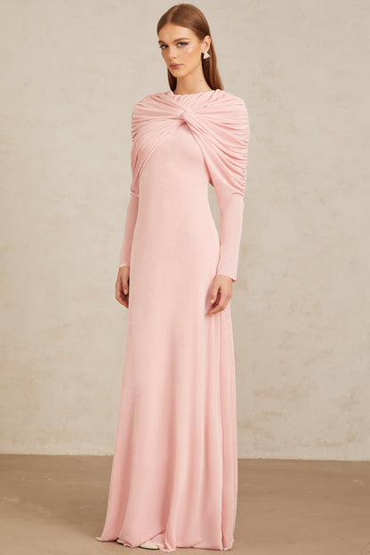 Moderne Pembe Şal Panelli Dantelli Maxi Elbise