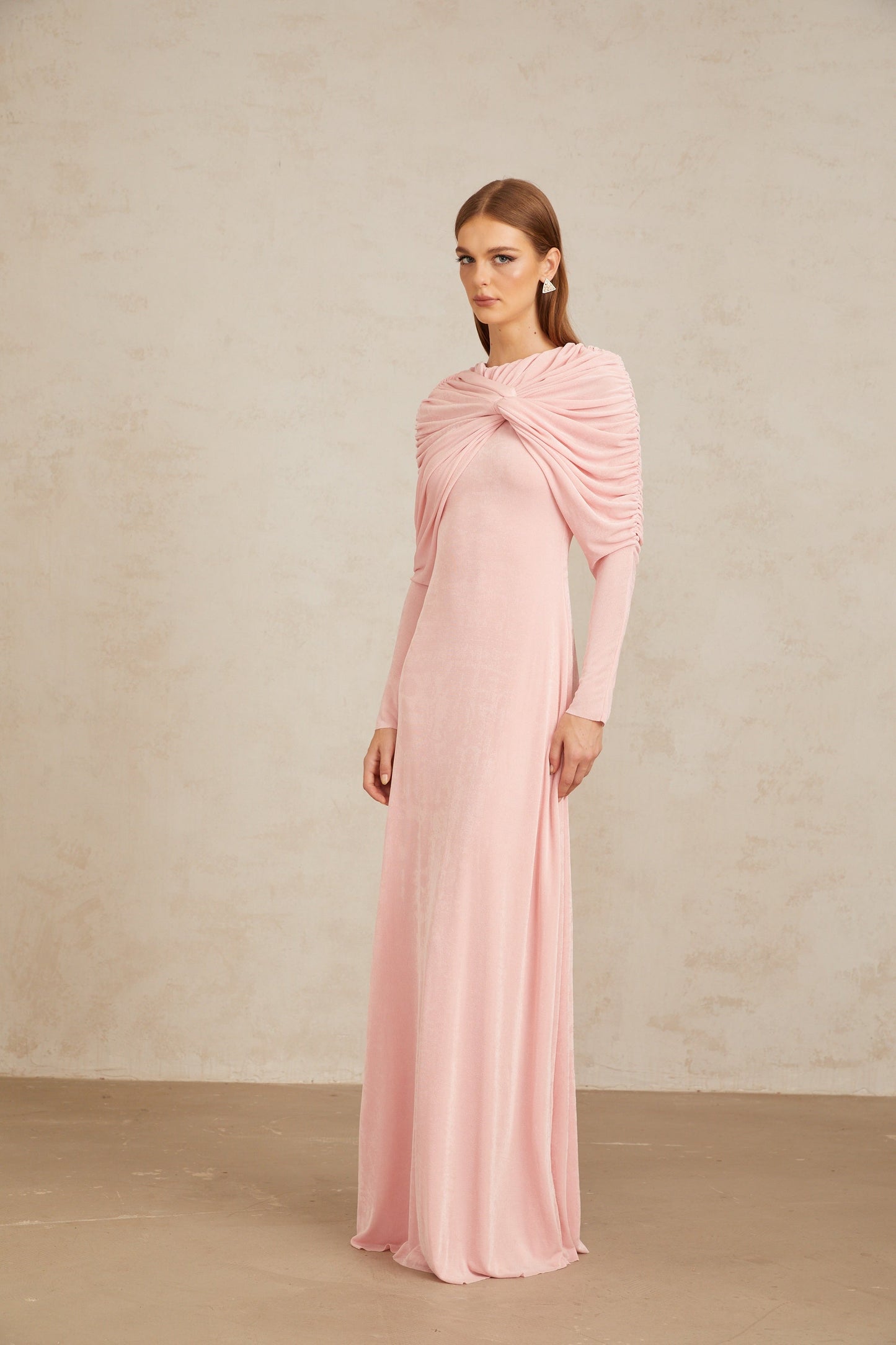 Moderne Pembe Şal Panelli Dantelli Maxi Elbise