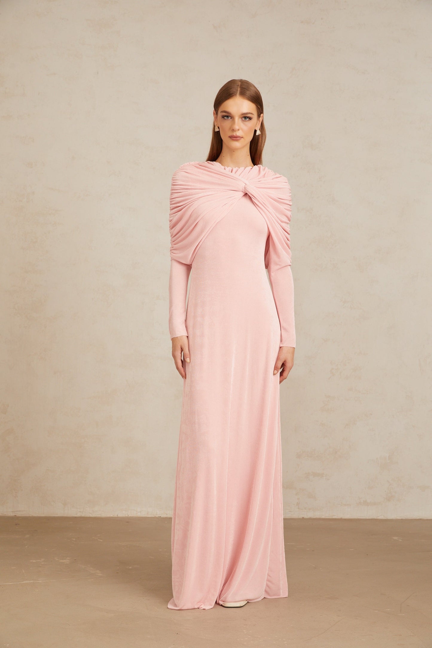 Moderne Pembe Şal Panelli Dantelli Maxi Elbise