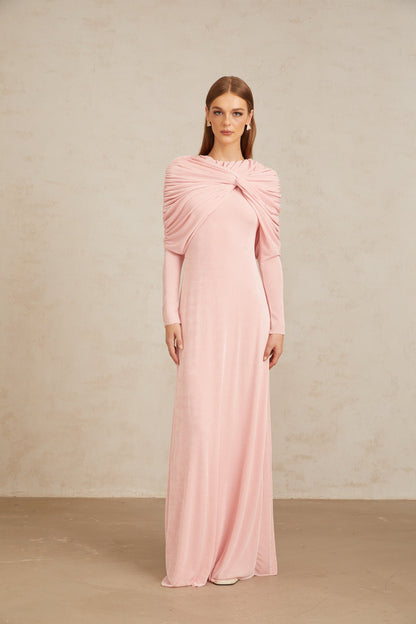 Moderne Pembe Şal Panelli Dantelli Maxi Elbise