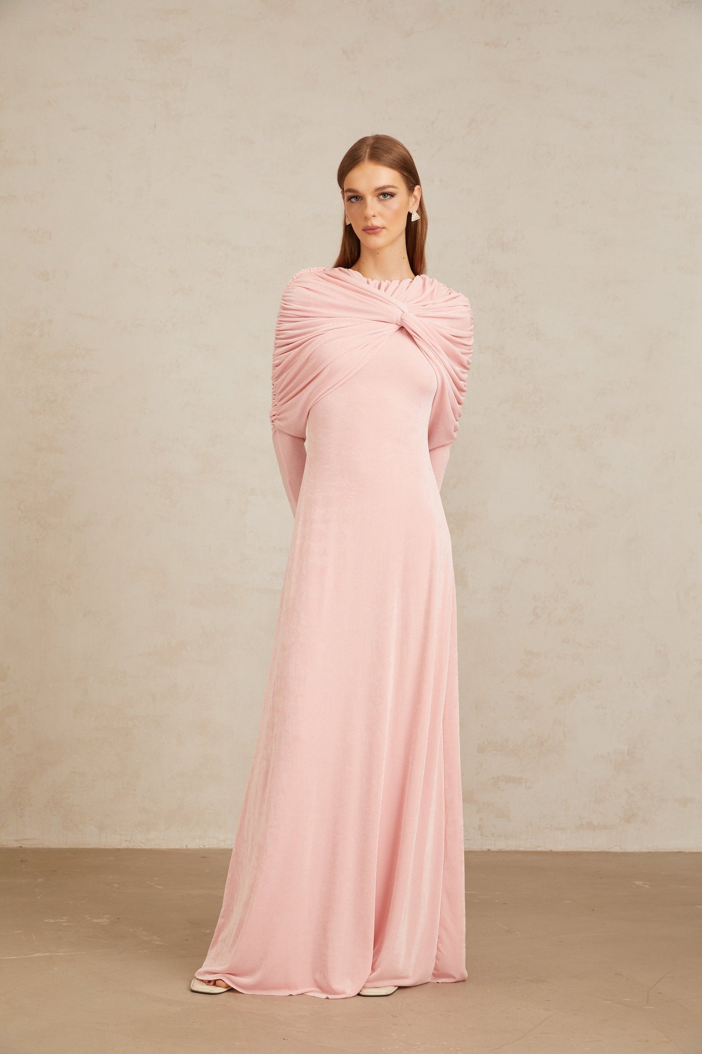 Moderne Pembe Şal Panelli Dantelli Maxi Elbise