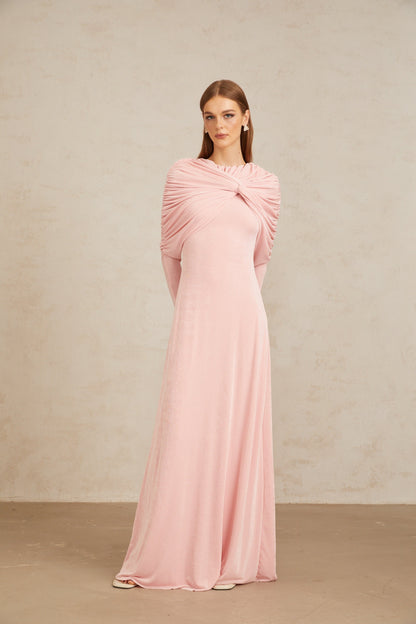 Moderne Pembe Şal Panelli Dantelli Maxi Elbise