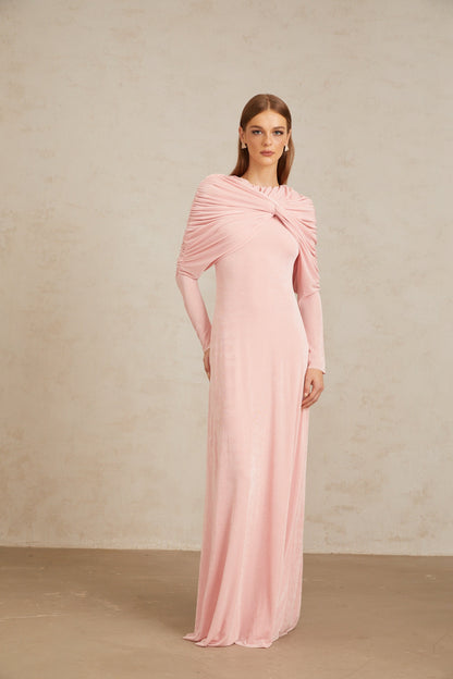 Moderne Pembe Şal Panelli Dantelli Maxi Elbise