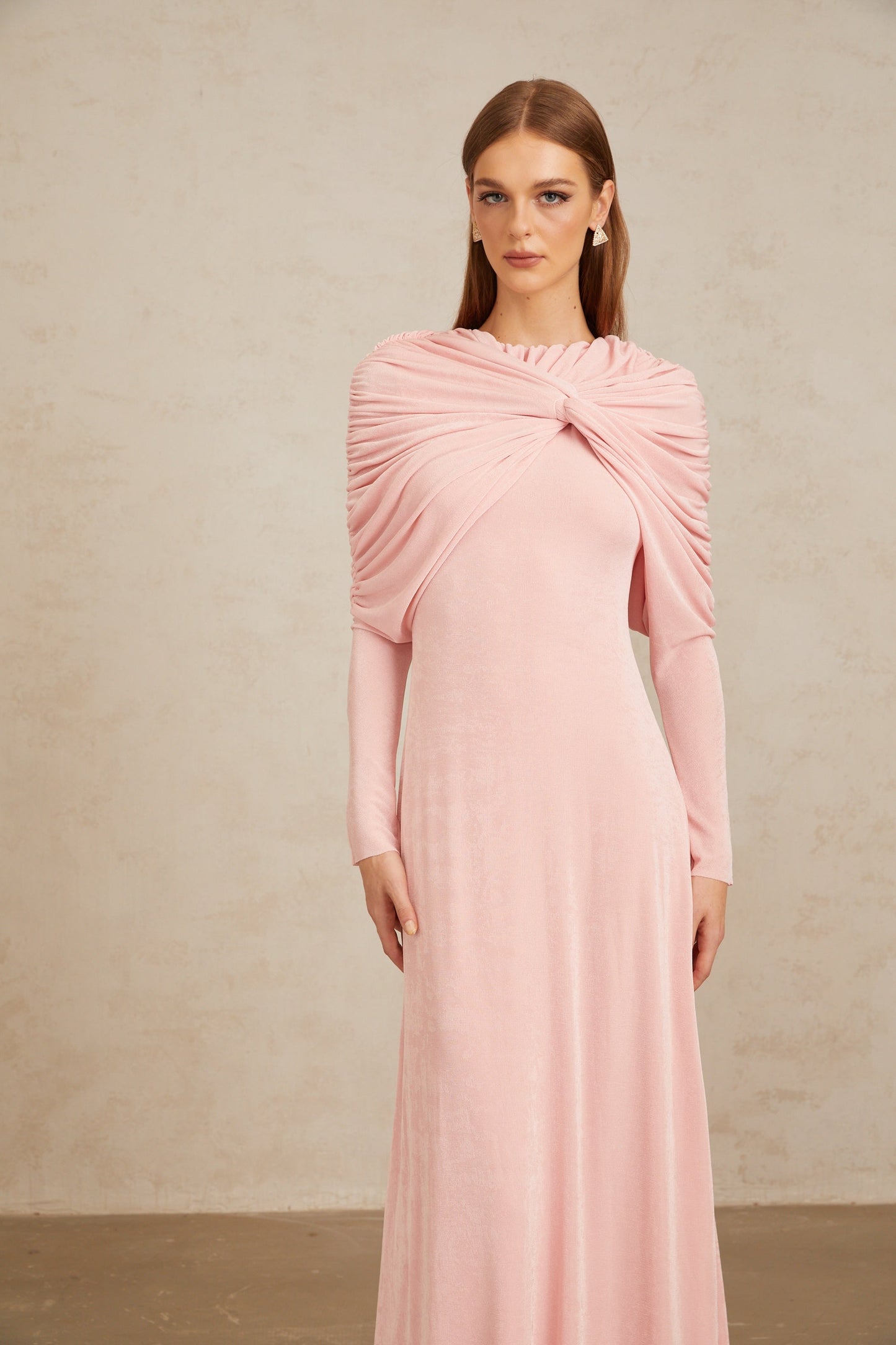 Moderne Pembe Şal Panelli Dantelli Maxi Elbise