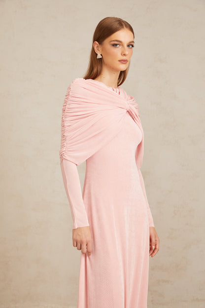 Moderne Pembe Şal Panelli Dantelli Maxi Elbise