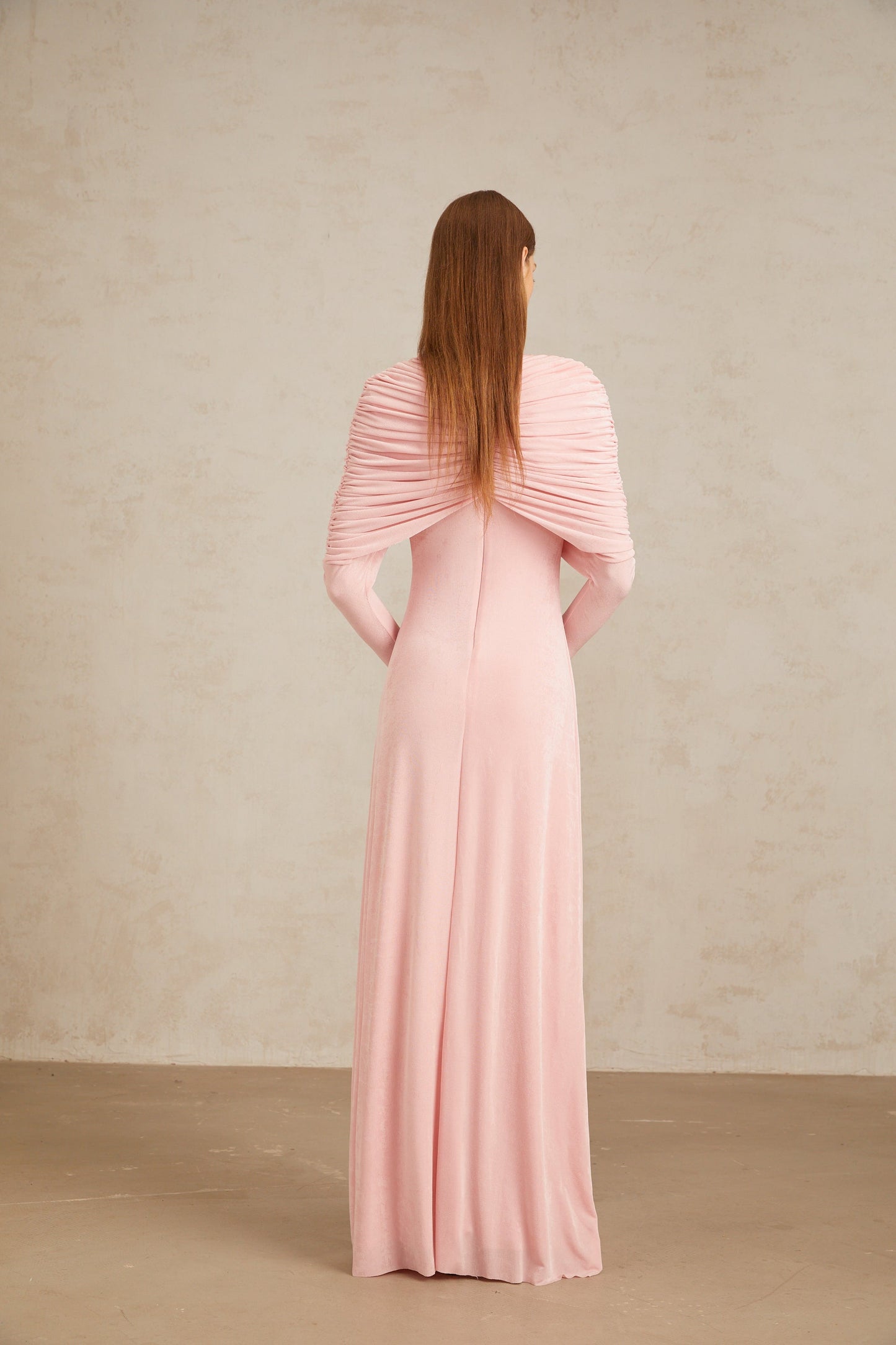 Moderne Pembe Şal Panelli Dantelli Maxi Elbise