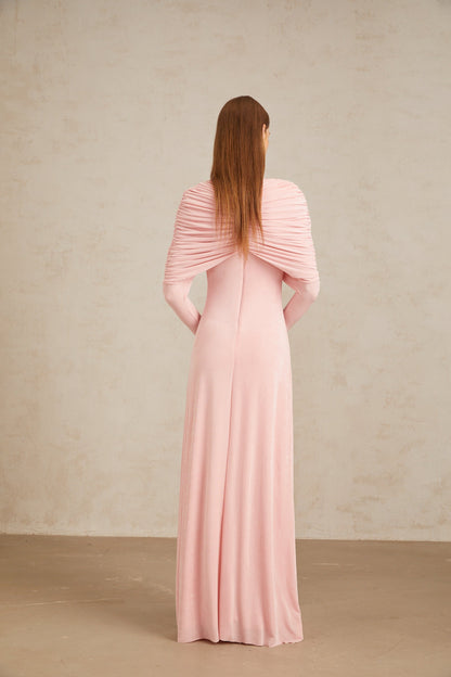 Moderne Pembe Şal Panelli Dantelli Maxi Elbise