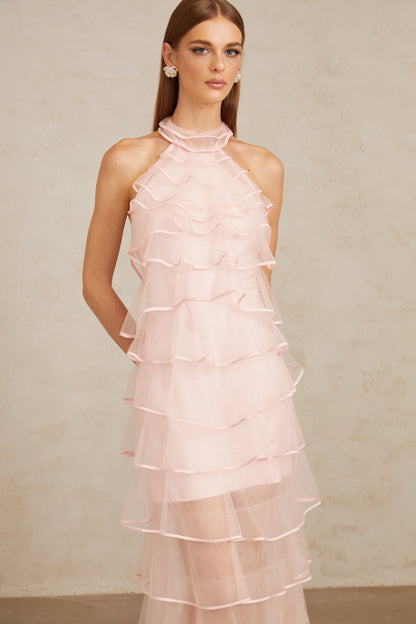 Nonchalante Pink Tiered Halterneck Maxi Dress