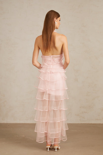 Nonchalante Pink Tiered Halterneck Maxi Dress
