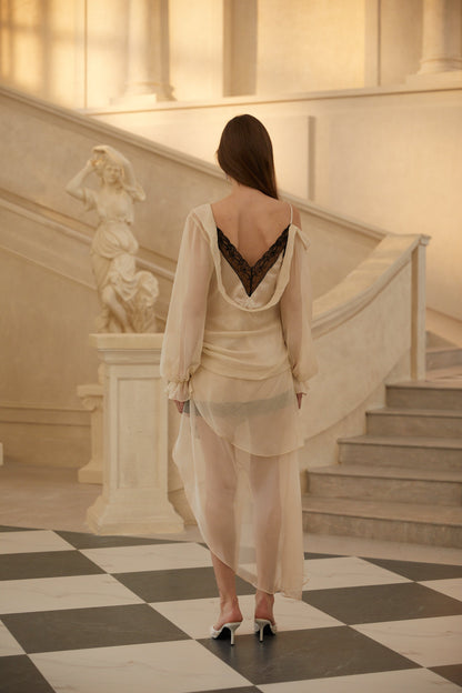 Armance Neutral Panelli Asimetrik Tül Mini Elbise