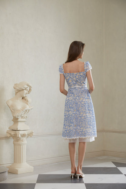 Gaëlle Blue Floral Embroidered Midi Dress