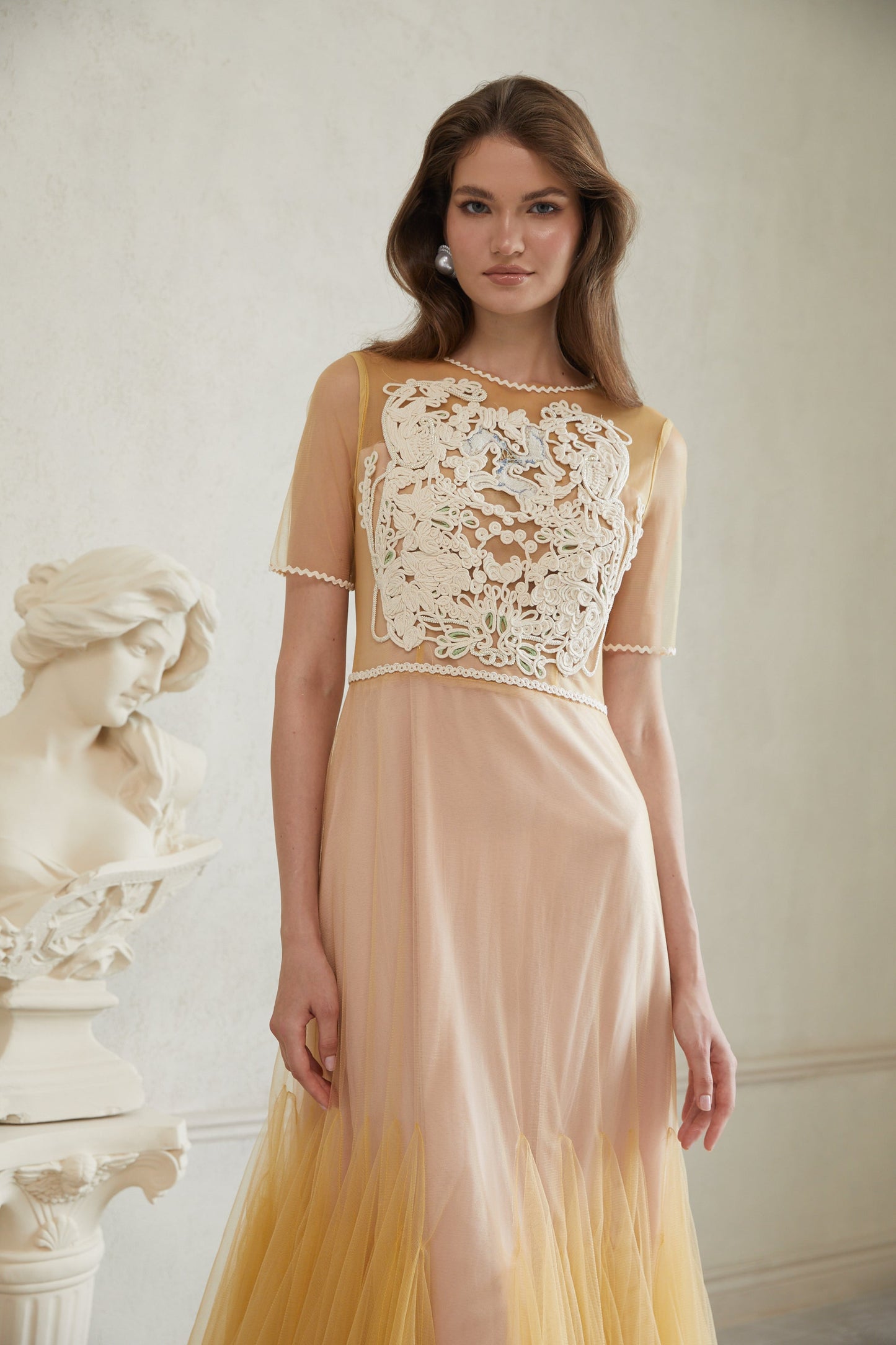 Despoina Yellow Floral Braided Tulle Midi Dress