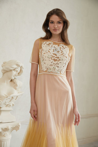 Despoina Yellow Floral Braided Tulle Midi Dress